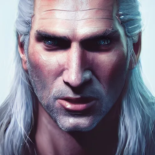 Prompt: geralt from the witcher 3 video game, huggy wuggy from poppy playtime video game, fullbody, ultra high detailed, glowing lights, oil painting, greg rutkowski, charlie bowater, beeple, unreal 5, daz, hyperrealistic, octane render, rpg portrait, dynamic lighting, fantasy art, beautiful face