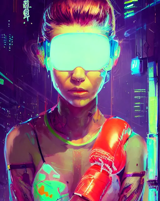 Image similar to detailed portrait Neon boxer Girl, cyberpunk futuristic neon, reflective crop top and shorts, boxing gloves, decorated with traditional Japanese ornaments by Ismail inceoglu dragan bibin hans thoma greg rutkowski Alexandros Pyromallis Nekro Rene Maritte Illustrated, Perfect face, fine details, realistic shaded, fine-face, pretty face