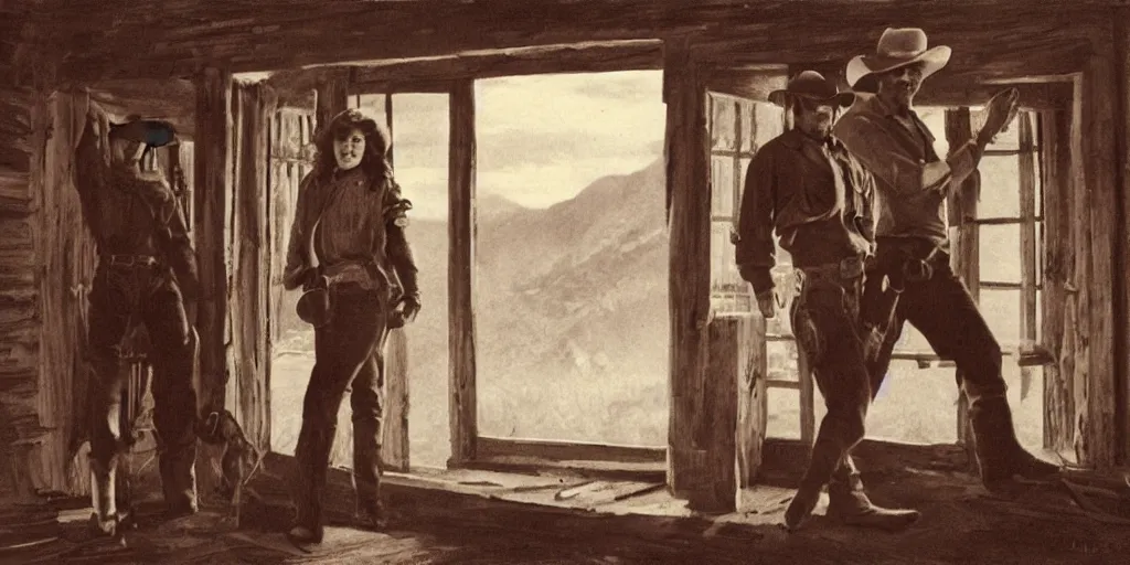 Prompt: in an old west cabin, close up portrait of beautiful Mila Jovovich (((alone))) in the doorway and Dave Bautista cowboy standing opposite ((alone)) at the window, arguing, symmetrical, in the style of Fredrick Remington, oil painting