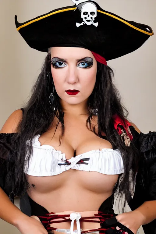 Image similar to close up of a buxom pirate wench wearing a short skirt, Halloween, cosplay, beautiful gazing eyes