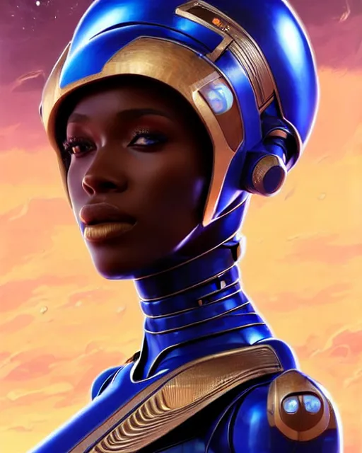 Image similar to Portrait of very very very very very very beautiful african woman, spacesuit, futuristic cybernetic helmet, blue eyes, real life skin, intricate, elegant, highly detailed, artstation, concept art, smooth, sharp focus, art by artgerm and greg rutkowski and alphonse mucha