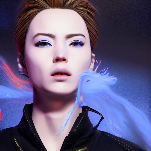 Image similar to rimuru tempest as ilya kovshinov, highly detailed, professional digital painting, concept art, extreme illustration, unreal engine 5, photorealism, hd quality, 8 k, black jacket with high collar, cinematic, art by andy warhol, artgerm, yoshitaka amano, color block