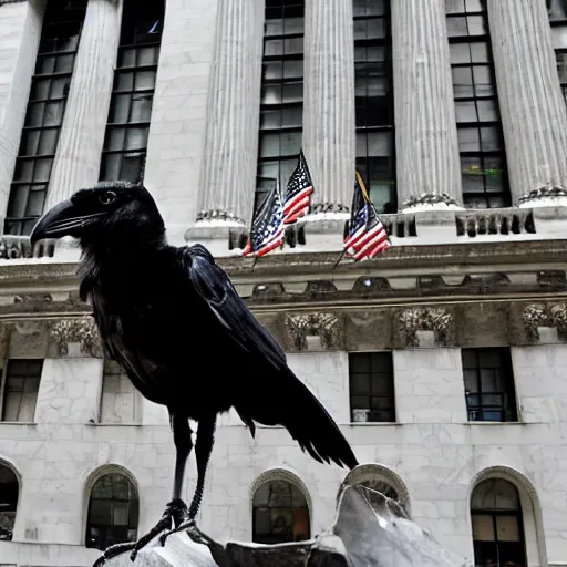 Prompt: a cyborg raven with wings made of diamonds in front of the overgrown ruins of new york stock exchange