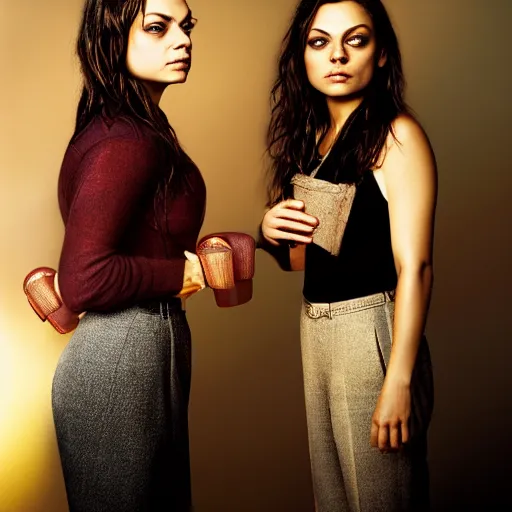 Image similar to Selfie photograph of Mila Kunis and Mila Kunis, golden hour, 8k, photographed by Erwin Olaf