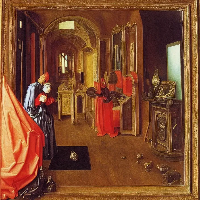 Prompt: infinity mirror with snail. painting by jan van eyck