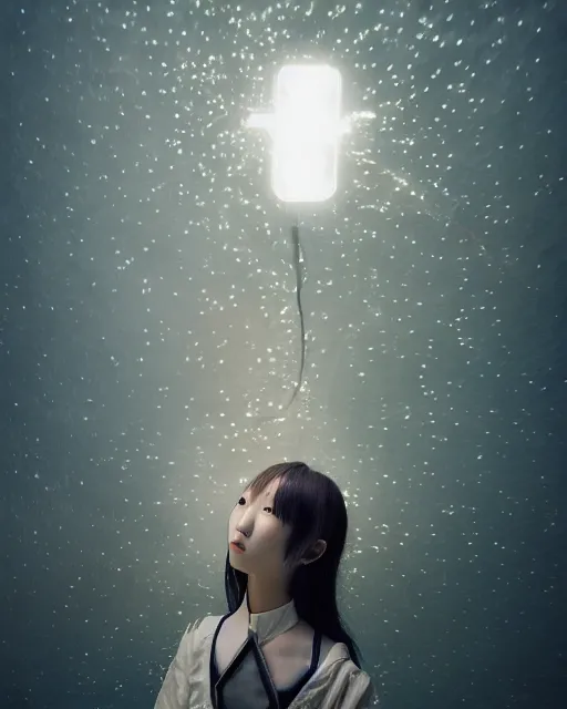 Image similar to beautiful centered photo of korean girl as a solarpunk mecha with white mechanical parts and implanted bright halogen lamps, treading above calm water by bill henson, ultra - realistic and detailed, white background, bokeh, soft focus, slow exposure hdr 8 k