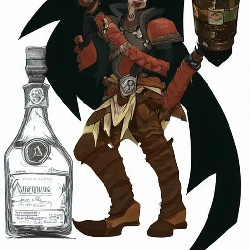 Image similar to DND concept character tan mercenary rogue, with long black hair, leather armor, possessed by a demon, holding a bottle of whisky