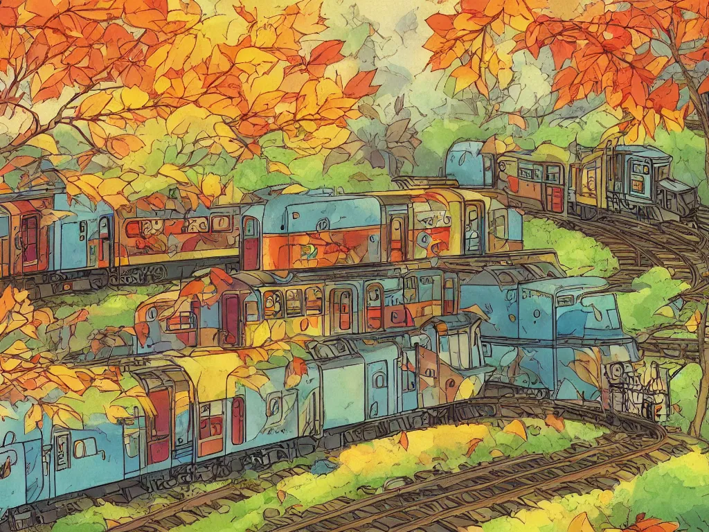 Image similar to sideview of a anime train, illustration, autumn light, colorful, beautiful, inspired by studio ghibli, inspired by hayao miyazaki, concept art, manga, cute and adorable