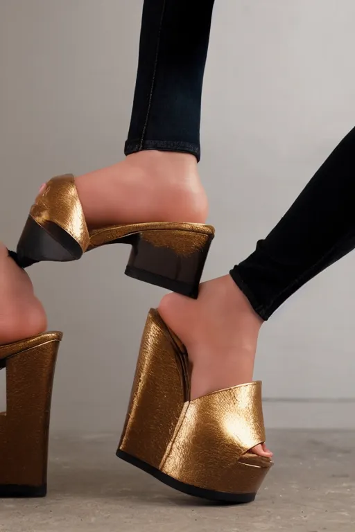 Image similar to close up of huge chunky platform mules worn by a slightly oversized girl, studio light