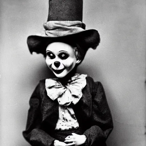 Image similar to clown ventriloquist doll smiling, ventriloquist dummy, photo, surrealistic, creepy, dark, epic, cinematic, style of atget, detailed