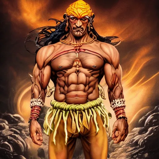 Image similar to jason momoa as dhalsim street fighter, ultra realistic, concept art, intricate details, highly detailed, photorealistic, octane render, 8 k, unreal engine, art by frank frazetta, simon bisley, brom