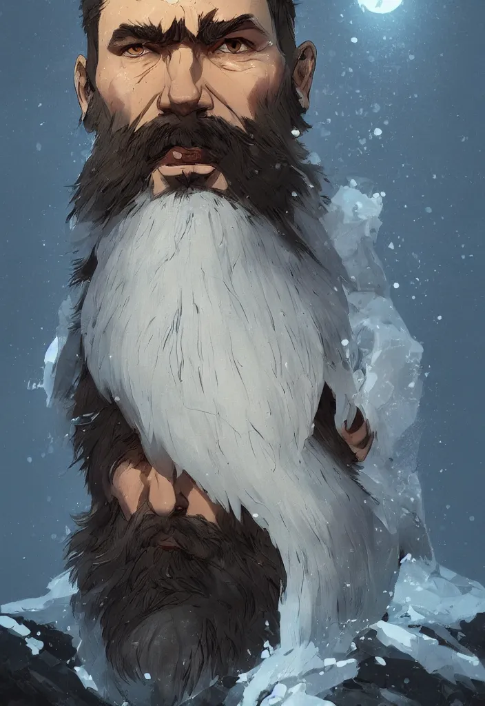 Image similar to a beard made of ice and snow, concept art in style of Greg Rutkowski, ultracrisp, high contrast lighting, John Singer Sargant, ilya kuvshinov, painted by Frank Frazetta, trending on artstation!!