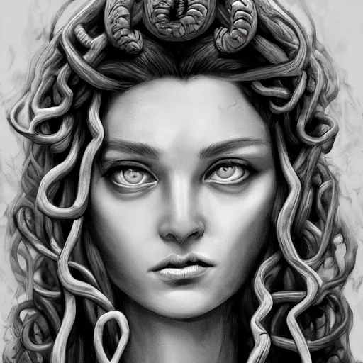 Image similar to medusa portrait painting, black and white, artstation, detailed, blurred background