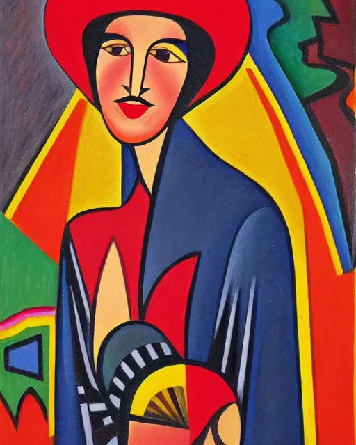 Image similar to a painting of a woman wearing a hat, an art deco painting by auguste herbin, featured on deviantart, qajar art, fauvism, art deco, egyptian art