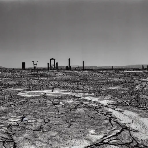 Image similar to barren city, nuclear wasteland, Fallout aesthetic, Anselm Kiefer