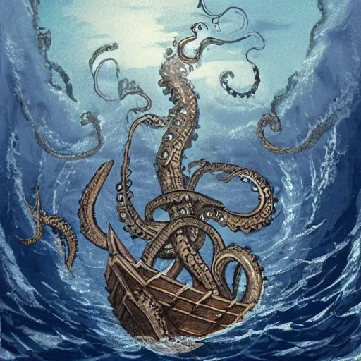 Image similar to kraken attacking a viking long ship in the middle of the ocean old european map