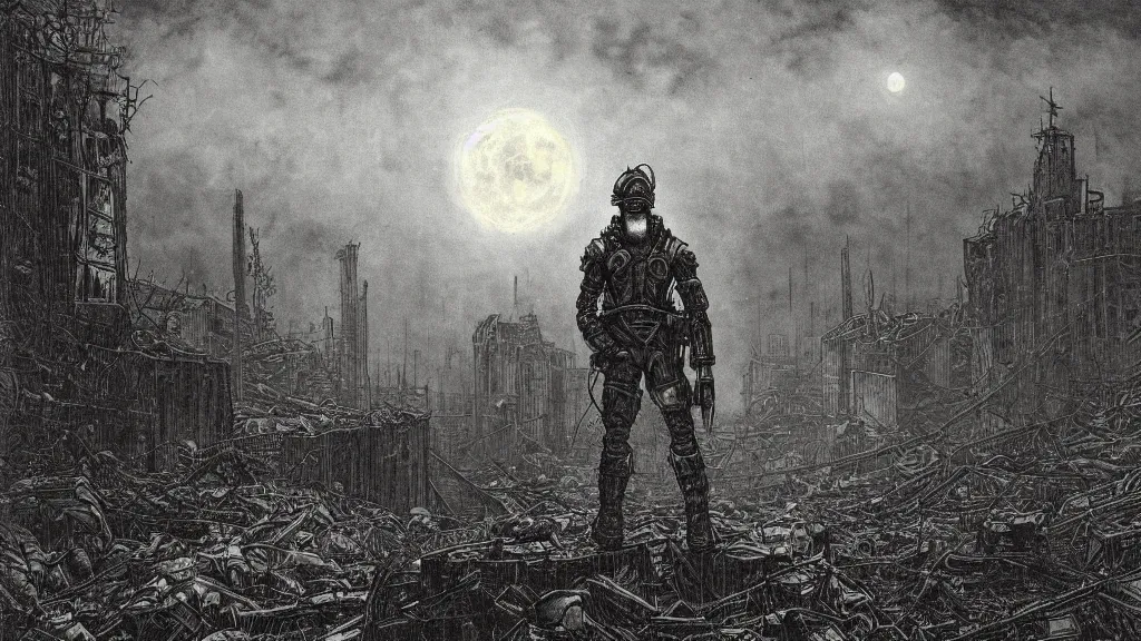 Image similar to Fallout, soldier with a gasmask, dark clouds, fire, burning, dark, eerie, night, dystopian, city, buildings, ruins, trees, moon, eldritch, illustration by Gustave Doré