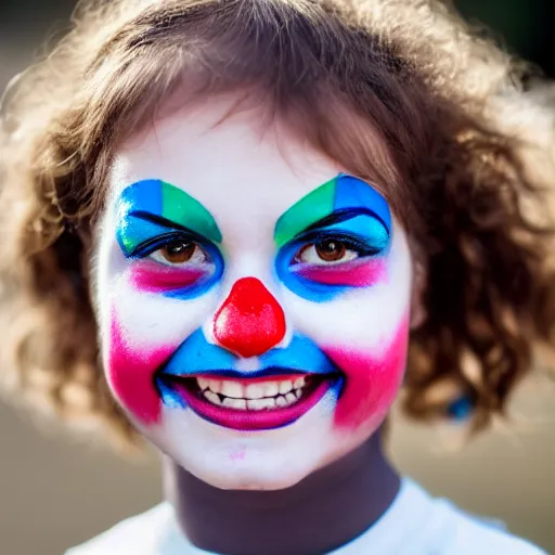 Image similar to A portrait of a girl who has face-painting like a clown smiling creepily. Depth of field. Lens flare