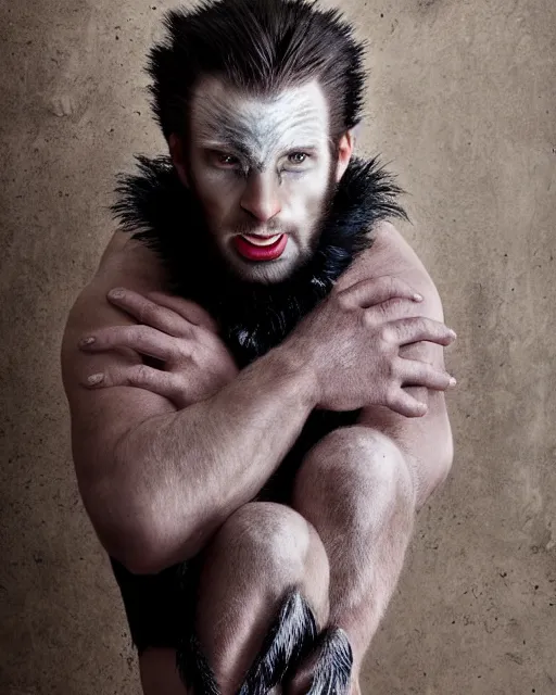 Prompt: actor Chris Evans in Elaborate Pan Satyr Goat Man Makeup and prosthetics designed by Rick Baker, Hyperreal, Head Shots Photographed in the Style of Annie Leibovitz, Studio Lighting