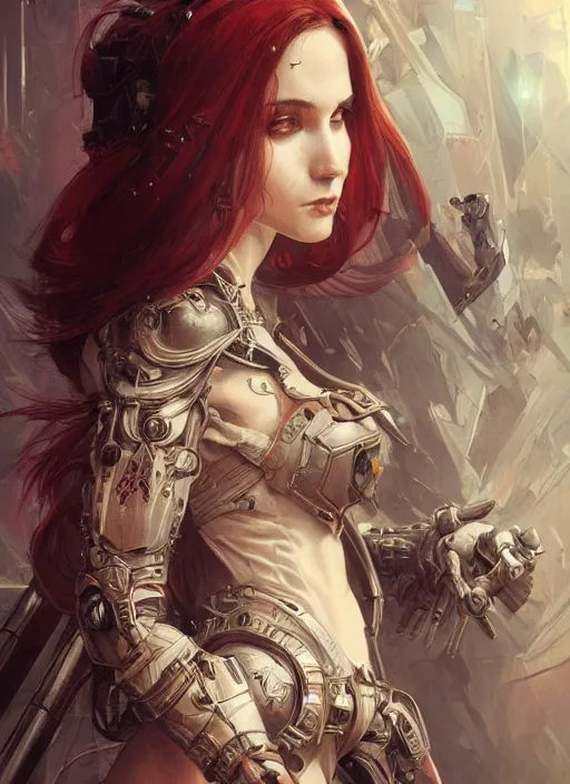 Image similar to portrait of beautiful pale gothic maiden, warhammer 40000, cyberpunk, intricate, elegant, highly detailed, digital painting, artstation, concept art, smooth, sharp focus, illustration, art by artgerm and greg rutkowski and alphonse mucha