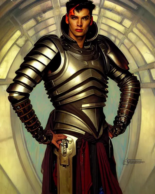 Prompt: portrait of a handsome cyberpunk chris evan wearing a roman armor, beautiful symmetrical face, fantasy, regal, by stanley artgerm lau, greg rutkowski, thomas kindkade, alphonse mucha, loish, norman rockwell.