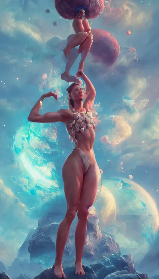 Image similar to a beautiful goddesses, strong pose, full body, planets, sky, dream, highly detailed, digital painting, refreshing, trending on artstation, octane render, hyper realistic, illustration by james jean