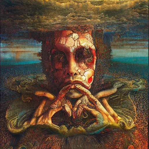 Image similar to an oil painting by botticelli, by arcimboldo, by yoshitaka amano, by beksinski seen through a kaleidoscope, detailed, high resolution