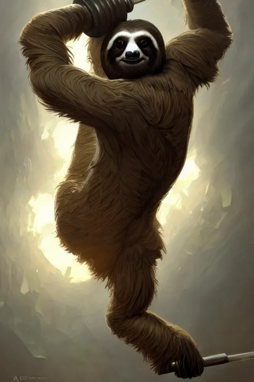 Image similar to anthro sloth lifting weights, dim dingy gym, dynamic pose, fantasy, intricate, elegant, highly detailed, digital painting, artstation, concept art, matte, sharp focus, illustration, art by artgerm and greg rutkowski and alphonse mucha