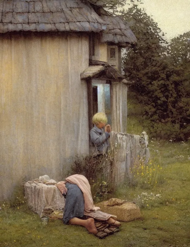 Prompt: peasant boy praying in country house in front of an icon, cottage core, cinematic focus, polaroid photo bleached vintage pastel colors high - key lighting, soft lights, foggy, by steve hanks, by lisa yuskavage, by serov valentin, by tarkovsky, detailed, oil on canvas