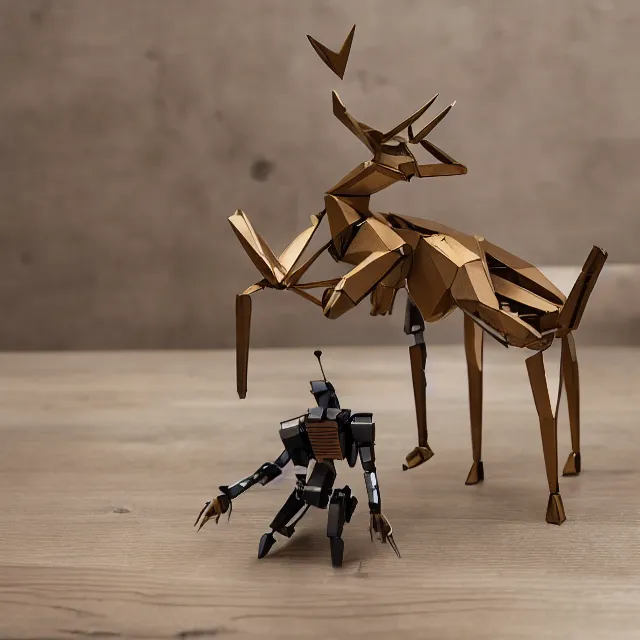 Image similar to a photograph of a deer origami and a humanoid robot mecha origami on top of a wooden table