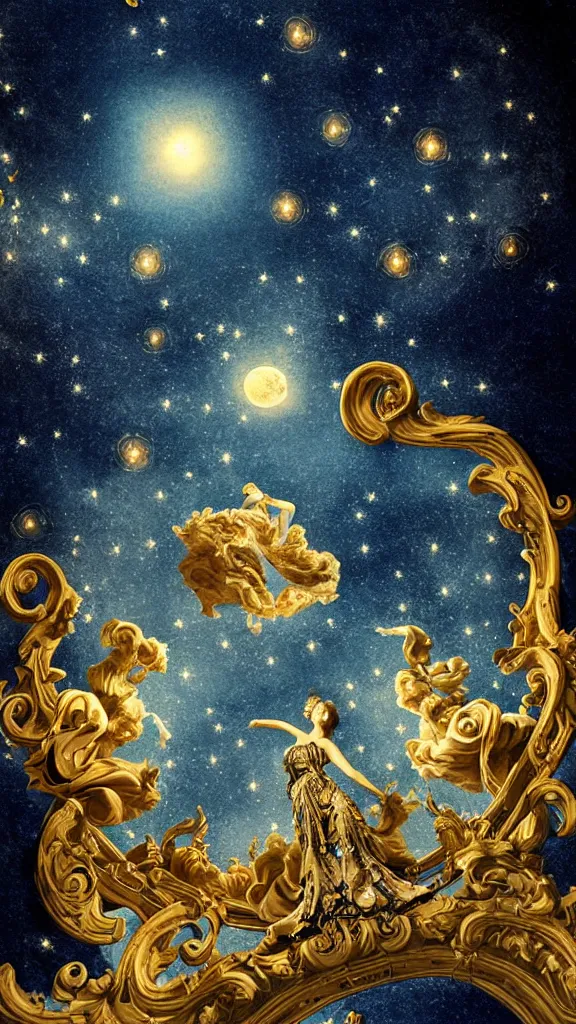 Image similar to sky in a starry night with glowing meteor showers, ascension of a woman decomposing and dissolving into moon, dark - blue black gold beige saturated, ornate baroque rococo art nouveau intricate detail, 3 d specular lighting, cinematic, blur