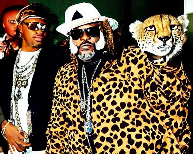 Prompt: cult worship of a angel pimp. the pimp is swagged out to the max. the pimp is wearing a cheetah. he loves the cheetah. he is the cheetah's actual dad.