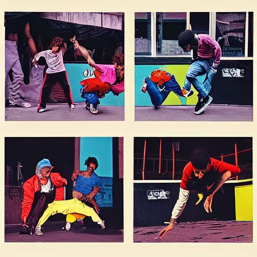 Prompt: four breakdancers battling in the bronx in 1984, by Andy Warhol, gritty, energetic, Moody lightning, award winning, trending on artstation