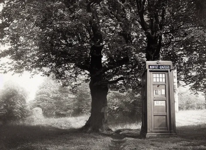 Prompt: photo of a metropolitan police box partially obscured by trees in rural london, police box, tardis, 1936, sepia