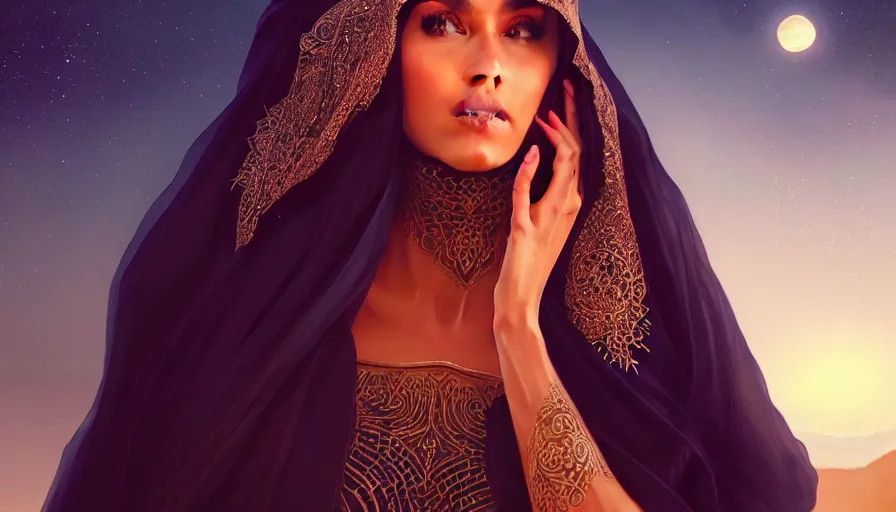 Image similar to Portrait of very very very very very very beautiful Arab woman wearing a Niqab, glowing magical eyes, energy trails, under giant full moon in the desert, intricate, elegant, highly detailed, digital painting, artstation, concept art, smooth, sharp focus, illustration, art by artgerm and greg rutkowski and alphonse mucha