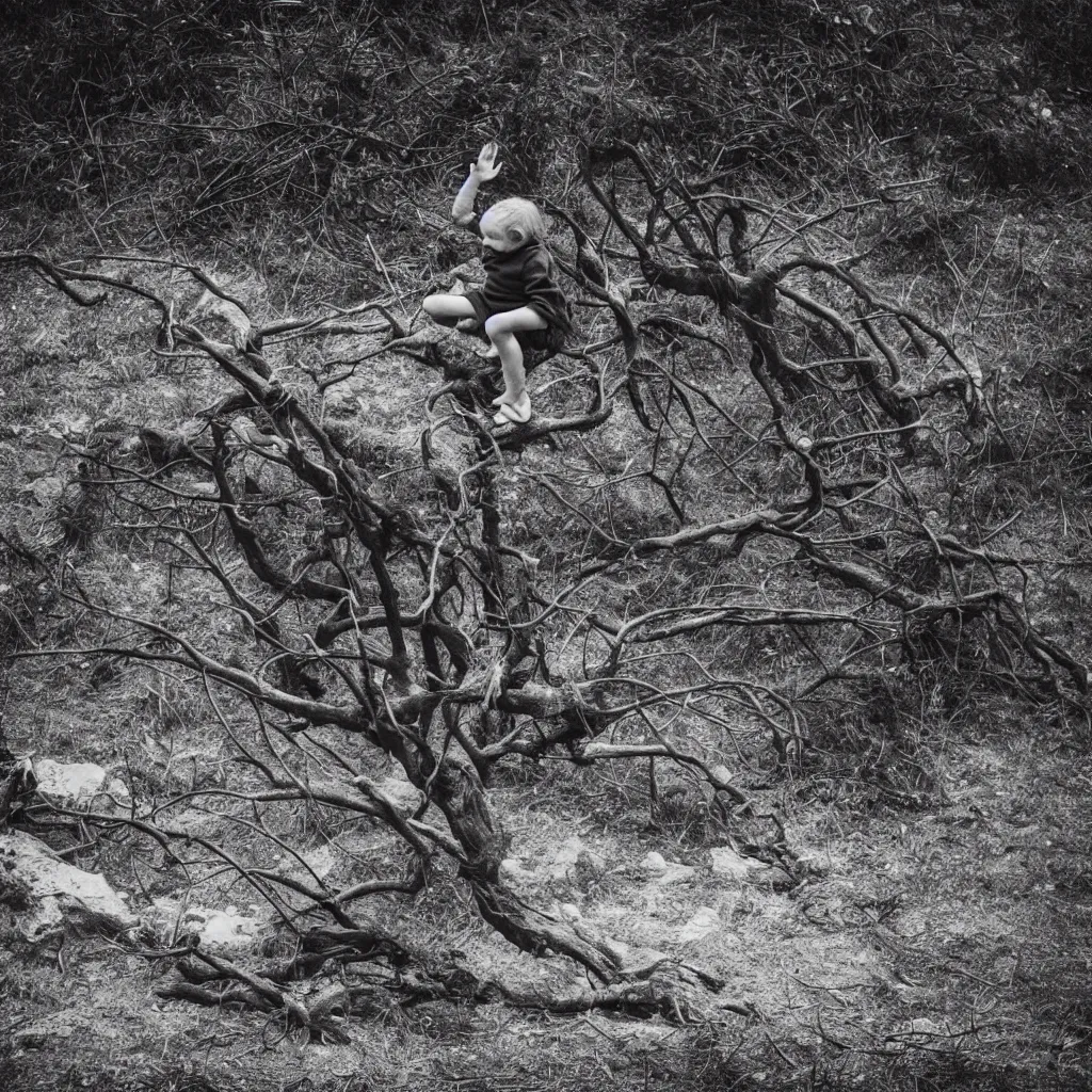 Prompt: little boy sitting and reaching for a branch in front of a dead tree placed upon a cliff, behind a fence, hazy memory, volumetric, dark black and white in the style of alvin schwartz, epic angles