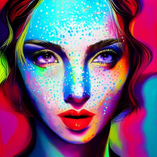Prompt: beautiful face of girl in style spotty pointism, super bright colors, colored spots, mixed liquid acrylic, painting come to life, artstation, ultradetail