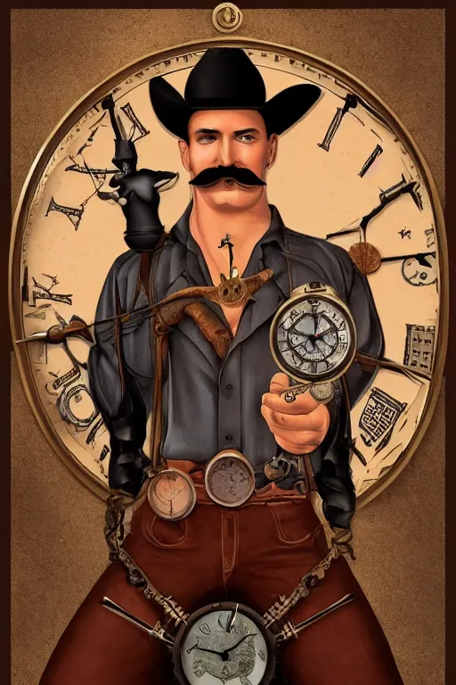 Prompt: a beautiful tarot! card of a beefy open-shirt cowboy with a thin mustache in front of a steam locomotive, homoerotic, steam, smoke, railroad, clocks, timepieces, art deco!, art nouveau, (steampunk), trending on artstation