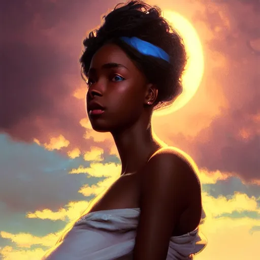 Image similar to a Photorealistic dramatic hyperrealistic bright blue eyes, African American elegant girl, black hair, white veil,by WLOP,Artgerm,Greg Rutkowski,Alphonse Mucha, Dang My Linh, Beautiful dynamic dramatic bright sunset lighting,shadows,cinematic atmosphere,Artstation,concept design art,Octane render,8k