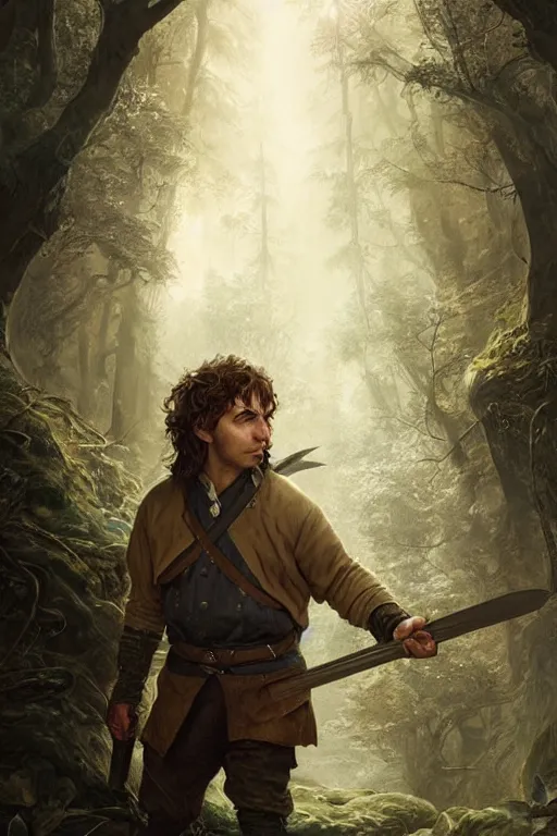 Image similar to A beautiful digital painting of a male hobbit ranger, intricate, cinematic lighting, highly detailed, digital painting, Artstation, concept art, smooth, sharp focus, illustration, art by Tom Bagshaw, Artgerm and Greg Rutkowski