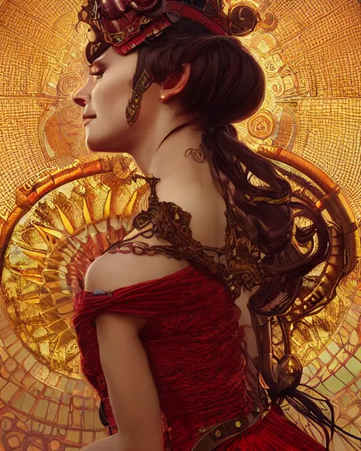 Prompt: Closeup Portrait of a steampunk Goddess, a red dragonlet, intricate dress, wide angle, intricate, elegant, overdetailed, professional digital painting, artstation, concept art, smooth, sharp focus, 8K, art by artgerm and greg rutkowski and alphonse mucha and loish and WLOP