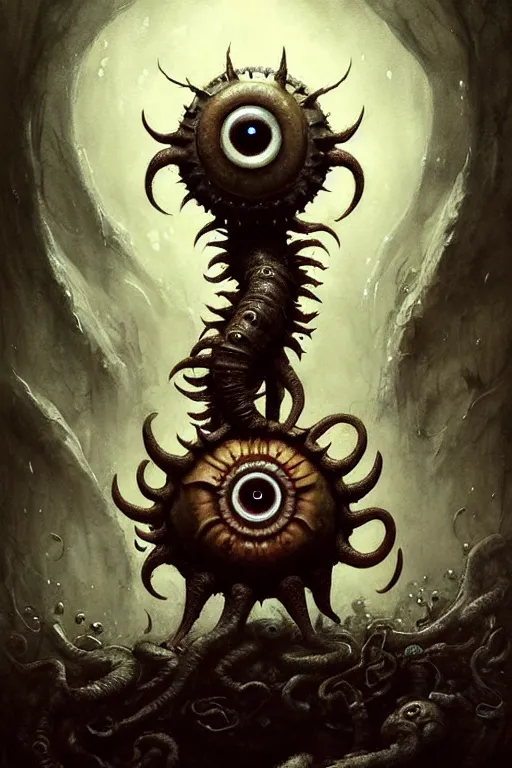 Image similar to beholder monster with 6 eyes | esoteric symbolism | jean - baptiste monge, esao andrews, bastien lecouffe - deharme, tim jacobus, ken currie | ultra - detailed realism, soft cinematic lighting, hi - fructose, artstation, high - quality, ink watercolors wes anderson poster art