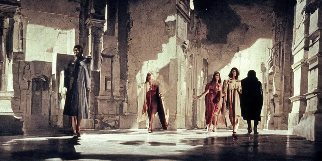 Image similar to a scene from the movie la felicita ( 1 9 7 1 ) by luchino visconti with mastroianni and claudia cardinale walking in a scifi cyberpunk futurist city reminiscent of the ( ( ( ideal city by piero della francesca. technicolor ) ) ), cinematic, 5 0 mm, highly detailed
