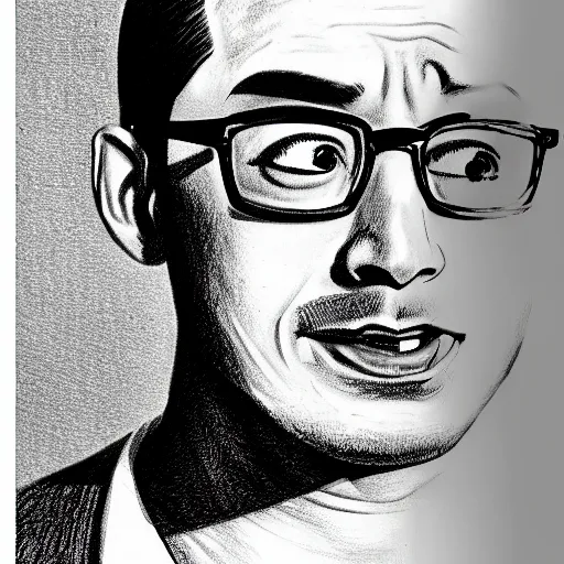 Image similar to A 1950s Style Comic-Like Drawing of Filthy Frank, grainy, realistic, hyperrealistic, very realistic, very very realistic, highly detailed, very detailed, extremely detailed, detailed, digital art, trending on artstation, detailed face, very detailed face, very detailed face, realism, HD Quality, 8k resolution, intricate details, body and head in frame, drawing, inked drawing, comic drawing, neat drawing, 1950s, 50s, in the style of Frank Hampson, in the style of Frank Bellamy, in the style of Dave Gibbons, in the style of Don Lawrence, in the style of Wally Wood