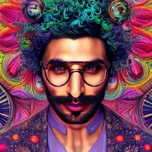 Image similar to portrait of ranveer singh, hyper detailed masterpiece, neon floral pattern, jean giraud, digital art painting, darkwave goth aesthetic, psychedelic, artgerm, donato giancola and tom bagshaw