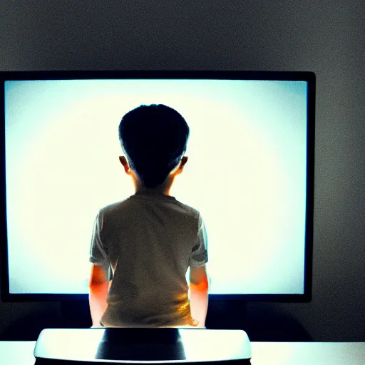 Image similar to angry child looking at monitor typing on keyboard photo dramatic lighting from behind