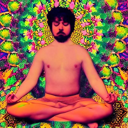 Image similar to A beautiful photograph of a man with a large head, sitting in what appears to be a meditative pose. His eyes are closed and he has a serene look on his face. His body is made up of colorful geometric shapes and patterns that twist and turn in different directions. It's almost as if he's sitting in the middle of a kaleidoscope! peach, rococopunk by Phoebe Anna Traquair stormy