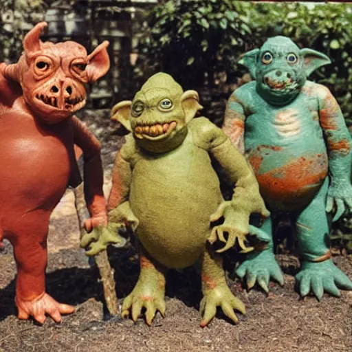 Prompt: autochrome photo of vintage disgusting brown Boglins, plastic goblin monster toys in a backyard garden, kaiju, oni, realistic