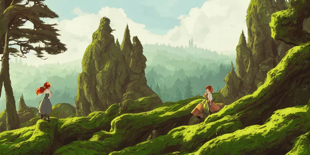 Image similar to a forest in transylvania, rocks, dead trees, castle in the background, moss, in the style of studio ghibli, j. c. leyendecker, greg rutkowski, artgerm