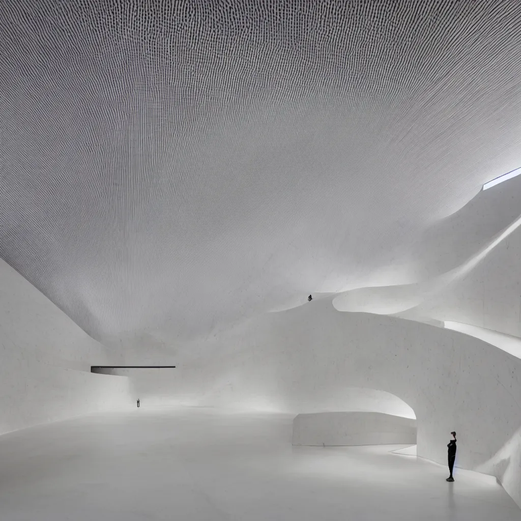 Prompt: minimal cavernous art gallery skate church designed by Tadao Ando, Salvador Dalí, Gaudi, Zaha Hadid, Dieter Rams, large marble slab walls, wet reflective tile floor, sweeping ceiling, natural lighting, architecture photography, mood lighting 8K 4K HDR